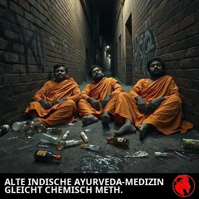 Drei abgerissene indische Sadhu-Asketen in schmutzigen safranfarbenen Gewändern, an eine mit Graffiti bedeckte Gassenwand gelehnt unter einer einzelnen Straßenlaterne, berauscht und benommen wirkend, Müll und Drogenutensilien auf dem nassen Pflaster verstreut