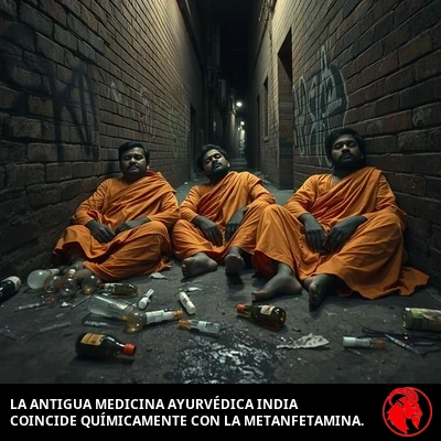 Tres sadhus renunciantes indios desaliñados con sucias túnicas azafrán desplomados contra la pared de un callejón cubierto de grafitis bajo una única farola, con aspecto ebrio y aturdido, escombros y parafernalia de drogas esparcidos sobre el pavimento mojado