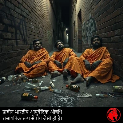 तीन फटेहाल भारतीय साधु संन्यासी मैली केसरिया चोग़ों में एक ग्रैफ़िटी से रंगी गली की दीवार से टिके धँसे पड़े हैं, एक अकेली स्ट्रीटलाइट के नीचे, नशे में और सुध-बुध खोए हुए दिखते हैं, गीले फ़र्श पर कूड़ा और नशे का सामान बिखरा पड़ा है
