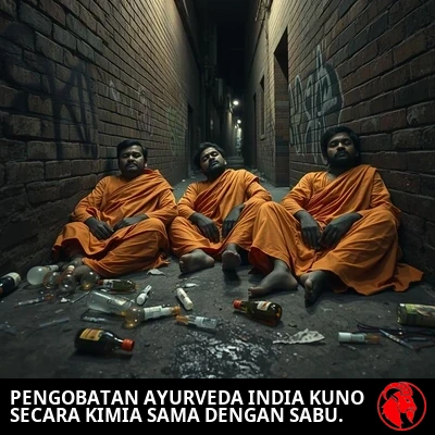 Tiga orang sadhu pertapa India yang kumal berbalut jubah saffron kotor terkulai bersandar di dinding gang penuh coretan grafiti di bawah satu lampu jalan, tampak mabuk dan linglung, dengan puing-puing serta perkakas narkoba berserakan di trotoar basah