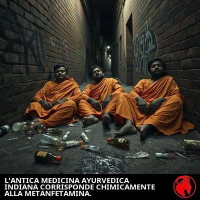Tre sadhu rinuncianti indiani trasandati, in sudici abiti color zafferano, accasciati contro il muro di un vicolo coperto di graffiti sotto un unico lampione, dall'aria intossicata e stordita, con detriti e paraphernalia da droga sparsi sul selciato bagnato