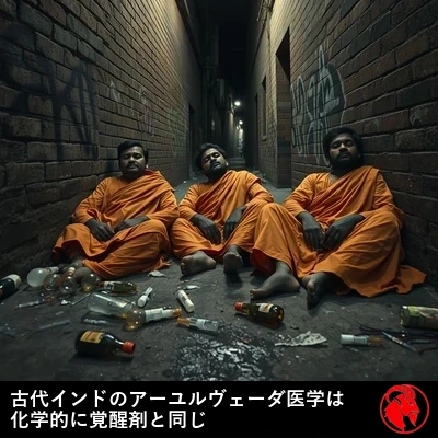 汚れたサフラン色の僧衣をまとった、だらしのないインドのサドゥー（出家遊行者）が三人、一本の街灯の下で落書きだらけの路地の壁にもたれてくずおれ、酩酊し朦朧として見え、濡れた路面にはがらくたや薬物の道具が散乱している