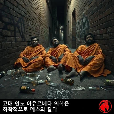 더러운 사프란빛 가사를 걸친 헝클어진 인도 사두(고행자) 셋이, 외등 하나가 비추는 낙서로 뒤덮인 골목 벽에 늘어진 채 취해 멍한 모습으로 기대어 있고, 젖은 포장도로 위에는 쓰레기와 마약 도구가 흩어져 있다