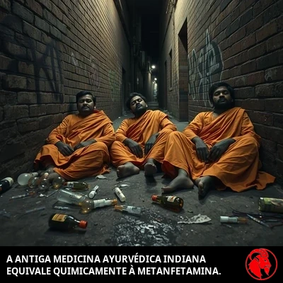 Três sadhus renunciantes indianos desgrenhados, em vestes açafrão sujas, caídos contra a parede de um beco coberto de grafite sob um único poste de luz, parecendo intoxicados e atordoados, com entulho e parafernália de drogas espalhados na calçada molhada