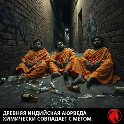 Трое неопрятных индийских садху-отшельников в грязных шафрановых одеяниях привалились к исписанной граффити стене переулка под единственным фонарём, выглядят одурманенными и оцепеневшими, на мокрой мостовой разбросаны мусор и наркотические принадлежности