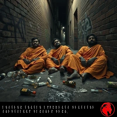 Three disheveled Indian sadhu renunciates in dirty saffron robes slumped against a graffiti-covered alley wall under a single streetlight, looking intoxicated and dazed, debris and drug paraphernalia scattered on the wet pavement