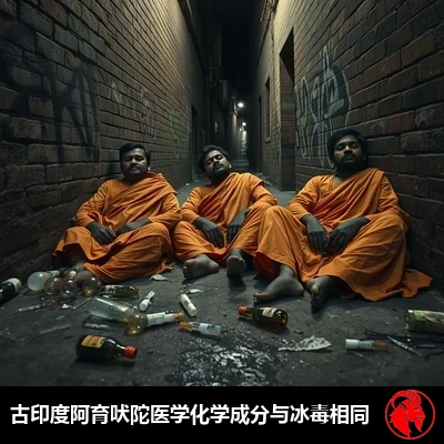 三名衣衫褴褛的印度苦行僧（sadhu），身穿肮脏的藏红色长袍，瘫靠在一面满是涂鸦的小巷墙边，头顶只有一盏路灯，看上去神志恍惚、麻醉迷离，潮湿的路面上散落着垃圾和吸毒用具