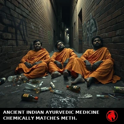Three disheveled Indian sadhu renunciates in dirty saffron robes slumped against a graffiti-covered alley wall under a single streetlight, looking intoxicated and dazed, debris and drug paraphernalia scattered on the wet pavement