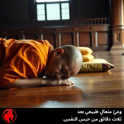 طالب تأمّل منهار على وجهه فوق أرضية المعبد، ووسادته مهجورة إلى جانبه. التعليق: حالة طبيعية لتجاوز الوعي بعد ثلاث دقائق من حبس النَّفَس.