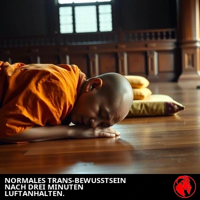 Ein Meditationsschüler, zusammengebrochen mit dem Gesicht nach unten auf dem Tempelboden, das Kissen neben ihm liegen gelassen. Bildunterschrift: Normales Trans-Bewusstsein nach drei Minuten Atemanhalten.