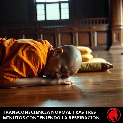 Un estudiante de meditación desplomado boca abajo sobre el suelo del templo, con el cojín abandonado a su lado. Pie de foto: Trans-Consciencia normal tras tres minutos conteniendo la respiración.