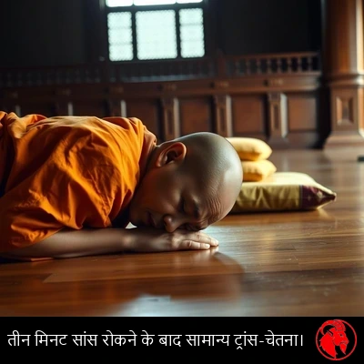 एक ध्यान-साधक मंदिर के फ़र्श पर औंधे मुँह गिरा हुआ, उसका आसन पास ही छूटा पड़ा है। कैप्शन: तीन मिनट साँस रोकने के बाद की सामान्य पार-चेतना।