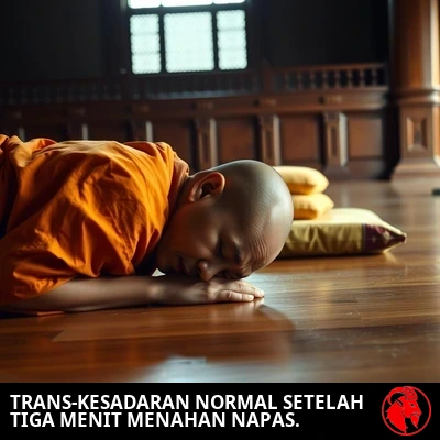 Seorang murid meditasi tergeletak telungkup di lantai kuil, bantalan duduknya tergeletak ditinggalkan di sampingnya. Keterangan: Trans-Kesadaran yang normal setelah tiga menit menahan napas.