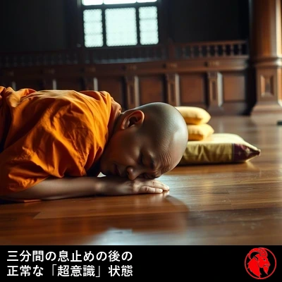 瞑想の生徒が寺院の床にうつ伏せに倒れ込み、座布団がそのかたわらに放り出されている。キャプション：3分間の息こらえののちの、ごく普通の超意識状態。