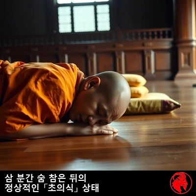 명상 수행자가 사찰 바닥에 엎드린 채 쓰러져 있고, 방석이 그 곁에 버려져 있다. 캡션: 3분간 숨을 참은 뒤의 정상적인 초의식(Trans-Consciousness).