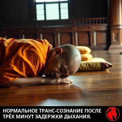 Ученик медитации рухнул лицом вниз на пол храма, подушка брошена рядом. Подпись: обычное транс-сознание после трёх минут задержки дыхания.