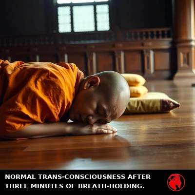 A meditation student collapsed face-down on the temple floor, cushion abandoned beside him. Caption: Normal Trans-Consciousness after three minutes of breath-holding.