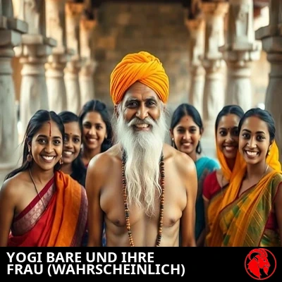Yogi Bare lächelt stolz, umgeben von mehreren jungen Frauen in farbenfrohen Saris, die für ein Gruppenfoto in einem Tempelhof posieren
