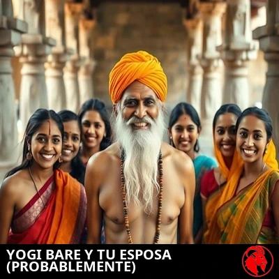 Yogi Bare sonriendo con orgullo mientras lo rodean varias mujeres jóvenes con saris de colores que posan para una foto de grupo en el patio de un templo