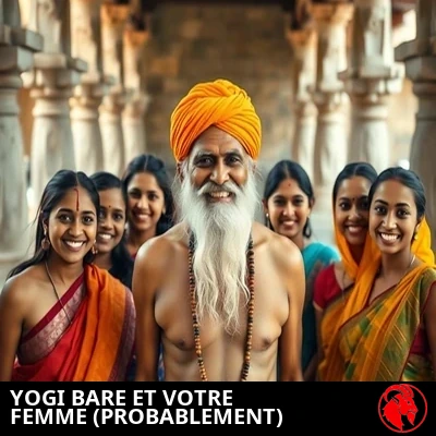Yogi Bare souriant fièrement, entouré de plusieurs jeunes femmes en saris colorés posant pour une photo de groupe dans la cour d'un temple
