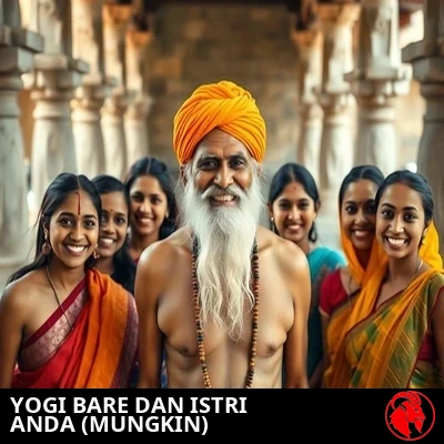 Yogi Bare tersenyum bangga sambil dikelilingi sejumlah perempuan muda berbalut sari berwarna-warni yang berpose untuk foto bersama di halaman sebuah kuil