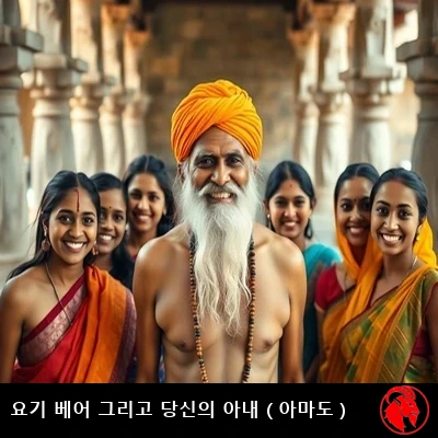 요기 베어가 의기양양하게 미소 지으며, 사찰 안뜰에서 단체 사진을 위해 자세를 취한 알록달록한 사리 차림의 젊은 여성 여럿에게 둘러싸여 있다
