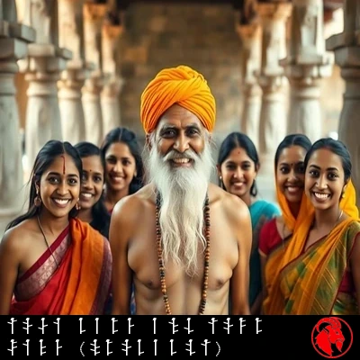 Yogi Bare smiling proudly while surrounded by several young women in colorful saris posing for a group photo in a temple courtyard