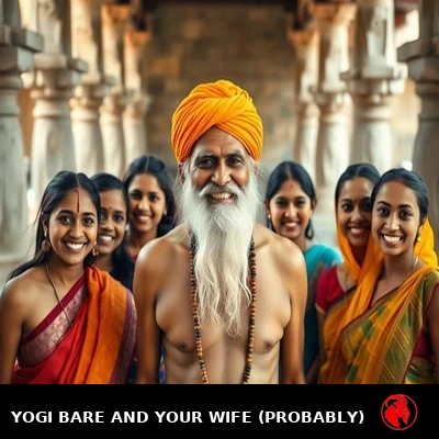 Yogi Bare smiling proudly while surrounded by several young women in colorful saris posing for a group photo in a temple courtyard