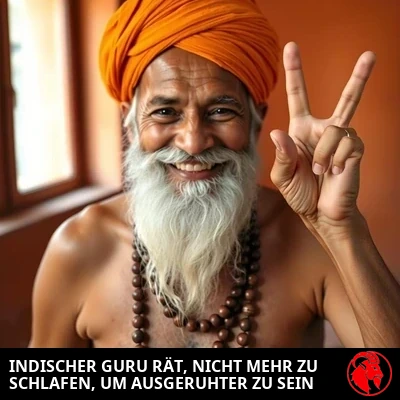Yogi Bare, der Kolumnist, mit nacktem Oberkörper in safranfarbenem Turban und Gebetskette, zwei Finger zum Friedenszeichen erhoben, daher sein Name. Bildunterschrift: Indischer spiritueller Guru sagt, man solle aufhören zu schlafen, um sich ausgeruhter zu fühlen