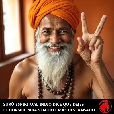 Yogi Bare, el columnista, con el torso desnudo, un turbante azafrán y cuentas de oración, alzando dos dedos en señal de paz, de ahí su nombre. Pie de foto: Gurú espiritual indio dice que dejes de dormir para sentirte más descansado