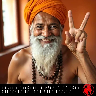 Yogi Bare, the columnist, bare-chested in a saffron turban and prayer beads, raising two fingers in a peace sign — thus his namesake. Caption: Indian spiritual guru says stop sleeping to feel more rested