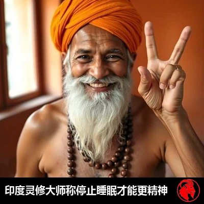 本专栏作者裸熊（Yogi Bare），赤裸上身，头缠藏红色头巾，挂着念珠，竖起两根手指比出和平手势，由此得名。说明文字：印度灵性导师说，停止睡觉才能感觉更休息