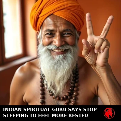 Yogi Bare, the columnist, bare-chested in a saffron turban and prayer beads, raising two fingers in a peace sign — thus his namesake. Caption: Indian spiritual guru says stop sleeping to feel more rested