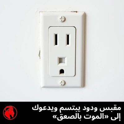 مقبس كهربائي جداري أمريكي بفتحة واحدة، تبدو شقوقه وثقب التأريض فيه أشبه بوجه مبتسم وودود. التعليق: مقبس ودود يبتسم ويدعو إلى «موت الصاعقة».