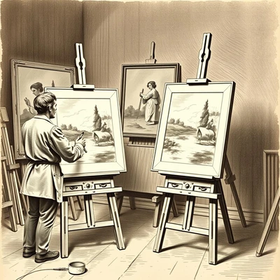 Two painters at adjacent easels, the rear easel showing the same painting being copied from the front one
