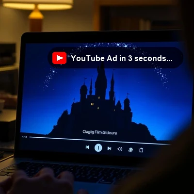 Close-up of a laptop screen showing a fairy-tale castle film intro with a YouTube Ad in 3 seconds countdown overlaid