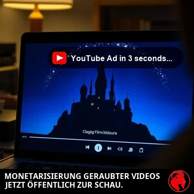 Nahaufnahme eines Laptop-Bildschirms, auf dem ein Video läuft, mit einem winzigen Hinweissymbol, das in der unteren rechten Ecke des Players kaum zu erkennen ist