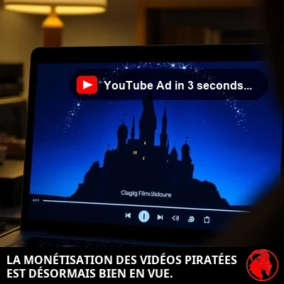 Gros plan sur l'écran d'un ordinateur portable diffusant une vidéo, avec une minuscule icône de divulgation à peine visible dans le coin inférieur droit du lecteur