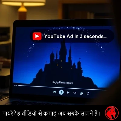 एक लैपटॉप स्क्रीन का नज़दीकी दृश्य जिस पर एक वीडियो चल रहा है, और प्लेयर के निचले-दाएँ कोने में एक नन्हा-सा प्रकटीकरण चिह्न मुश्किल से दिखाई दे रहा है
