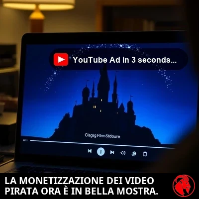 Primo piano dello schermo di un portatile che riproduce un video, con una minuscola icona di avviso appena visibile nell'angolo in basso a destra del lettore