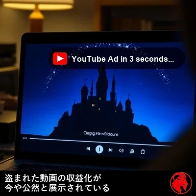 動画を再生しているノートパソコンの画面のクローズアップ。プレーヤーの右下隅には、ごく小さな開示アイコンがかろうじて見える