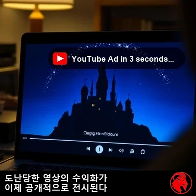노트북 화면 클로즈업. 영상이 재생되고 있고, 플레이어의 오른쪽 아래 구석에 아주 작은 고지 아이콘이 가까스로 보일 듯 말 듯 자리하고 있다