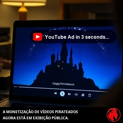 Close de uma tela de laptop reproduzindo um vídeo, com um minúsculo ícone de divulgação mal visível no canto inferior direito do reprodutor