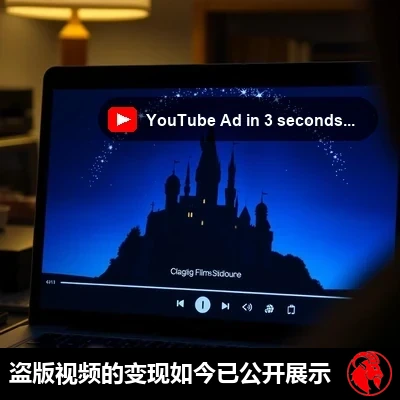 一块正在播放视频的笔记本电脑屏幕特写，播放器右下角隐约可见一枚极小的告知图标
