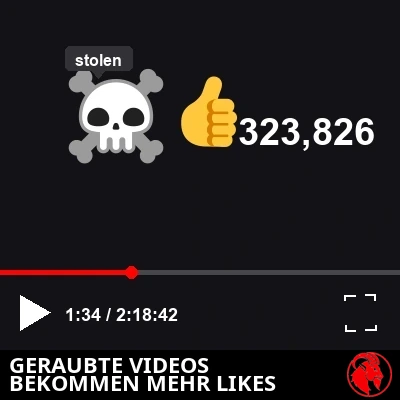 Nahaufnahme einer YouTube-artigen Player-Steuerleiste mit einem Piraten-Symbol aus Totenkopf und gekreuzten Säbeln, im Tooltip mit ‚gestohlen' beschriftet; unter dem Player ein Daumen-hoch-Symbol neben 323.826 Likes