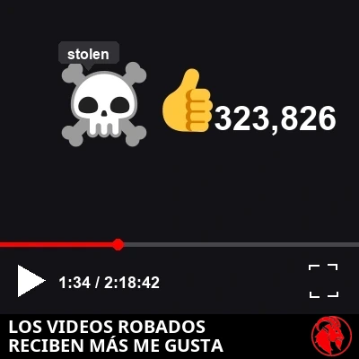 Primer plano de una barra de controles de reproductor estilo YouTube que muestra un ícono de calavera pirata con sables cruzados etiquetado como «robado» en la información sobre herramientas; debajo del reproductor, un ícono de pulgar arriba junto a 323.826 Me gusta