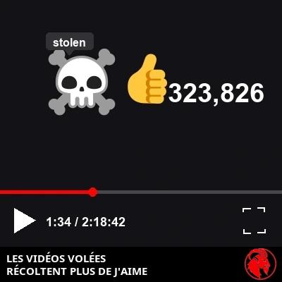 Gros plan sur une barre de commandes de lecteur de type YouTube affichant une icône de crâne de pirate aux sabres croisés étiquetée « volée » dans l'infobulle ; sous le lecteur, une icône de pouce levé à côté de 323 826 mentions « J'aime »
