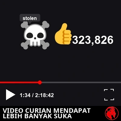Tampilan dekat bilah kendali pemutar bergaya YouTube yang menampilkan ikon tengkorak bajak laut dengan pedang menyilang, berlabel 'stolen' pada tooltip; di bawah pemutar, sebuah ikon jempol di samping 323.826 Suka