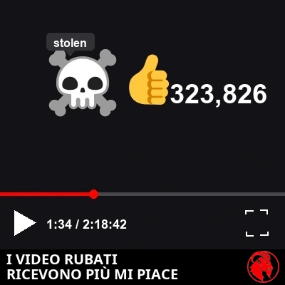 Primo piano di una barra dei controlli in stile lettore YouTube che mostra un'icona con teschio e sciabole incrociate da pirata, etichettata «rubato» nel tooltip; sotto il lettore, un'icona di pollice in su accanto a 323.826 Mi piace