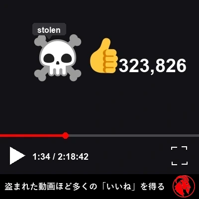 YouTube風のプレーヤー操作バーのクローズアップ。ツールチップに「盗用」と表示された、ドクロと交差したサーベルの海賊アイコンが映っている。プレーヤーの下には、高評価アイコンと並んで323,826件のグッドが表示されている